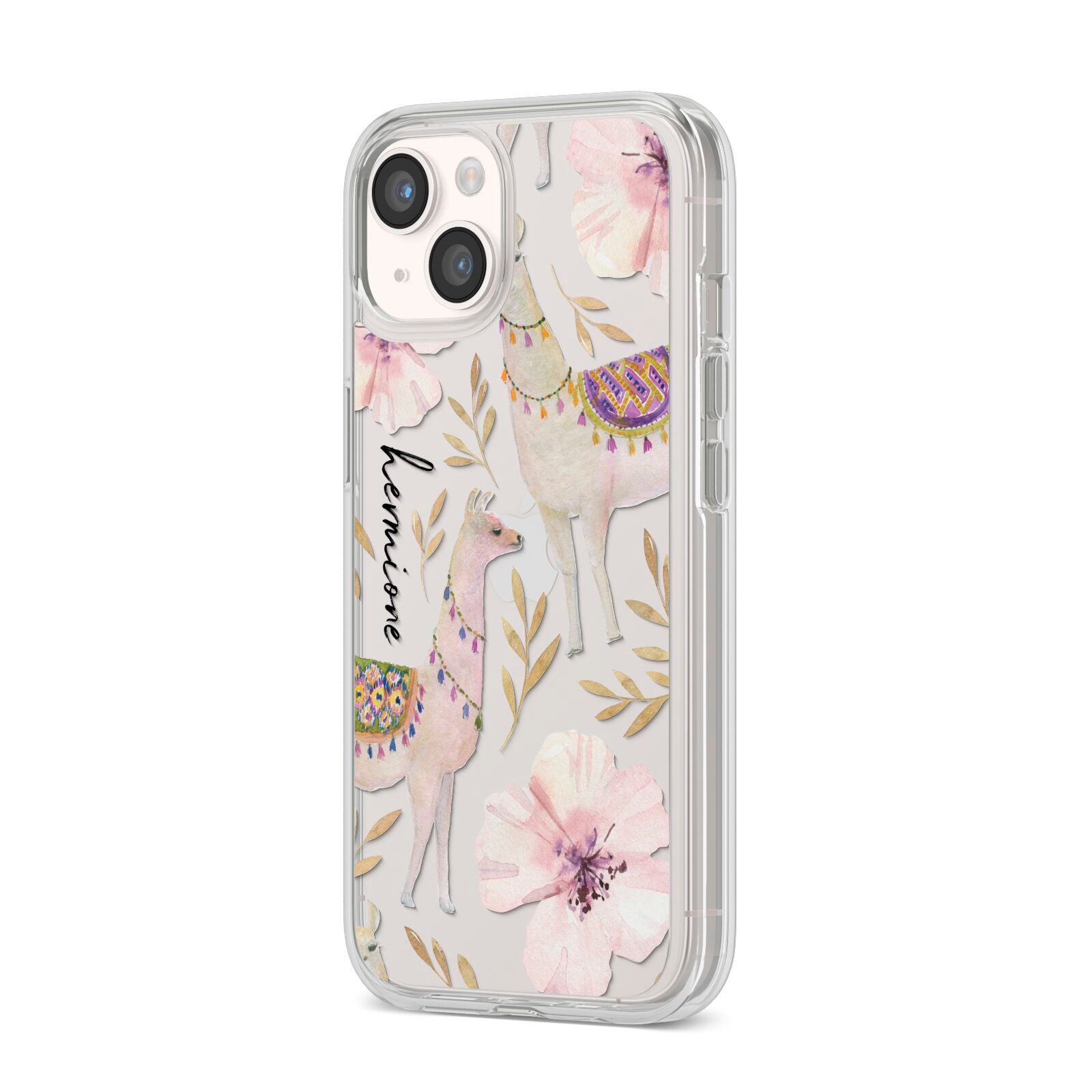Personalised Llamas iPhone 14 Clear Tough Case Starlight Angled Image