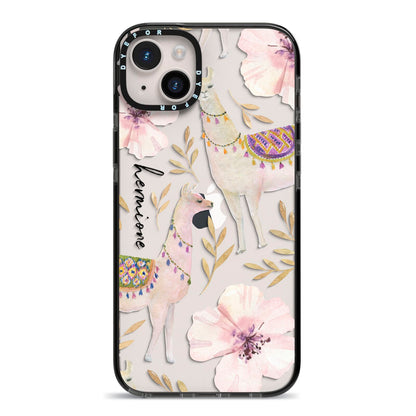 Personalised Llamas iPhone 14 Plus Black Impact Case on Silver phone