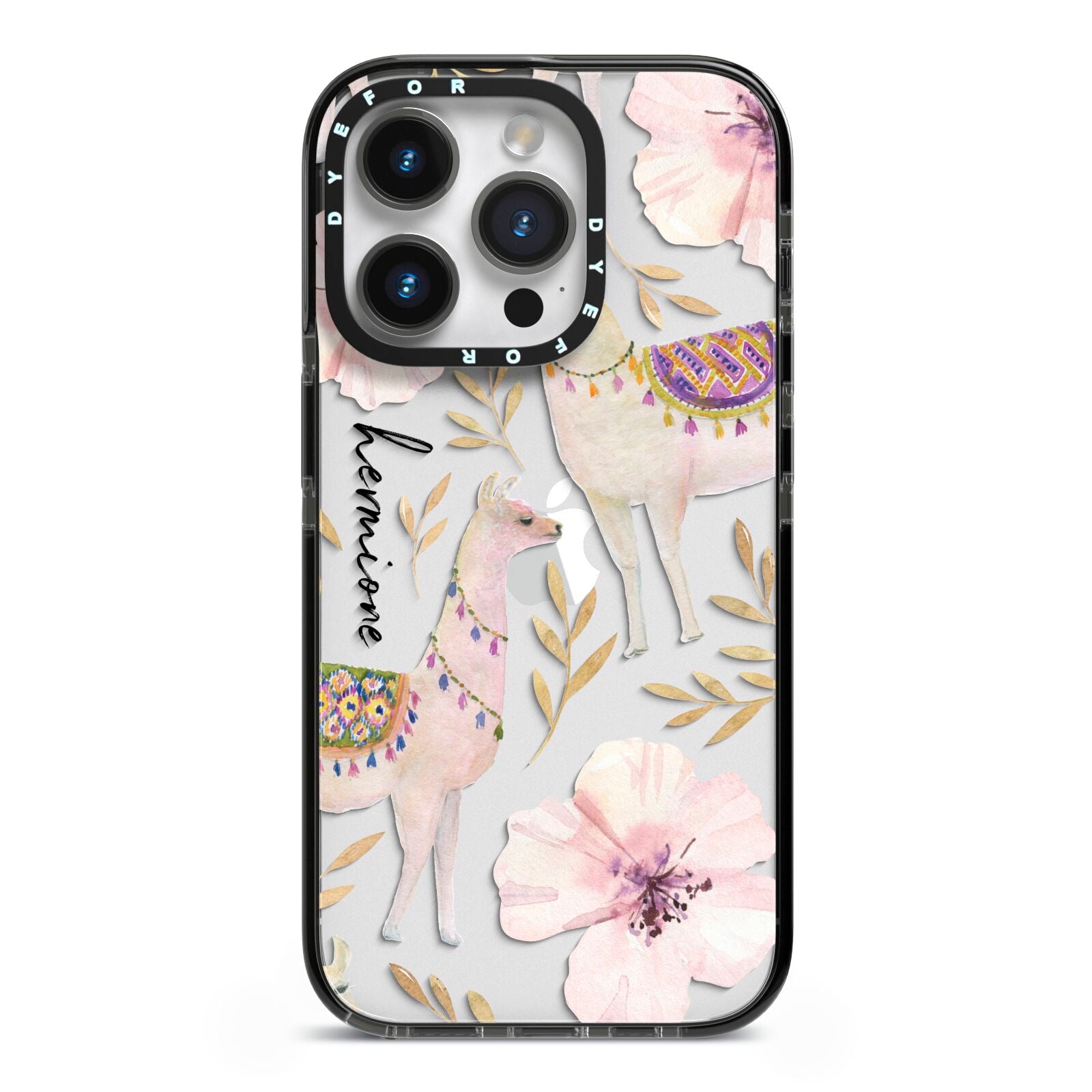 Personalised Llamas iPhone 14 Pro Black Impact Case on Silver phone