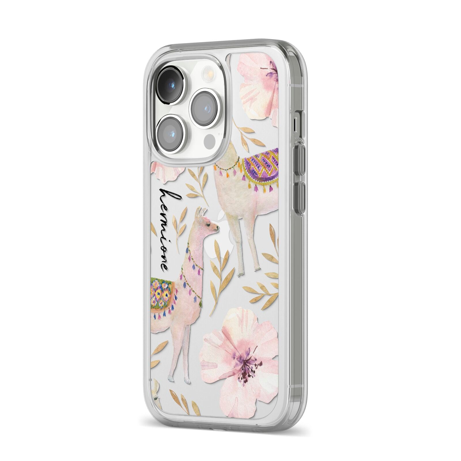Personalised Llamas iPhone 14 Pro Clear Tough Case Silver Angled Image