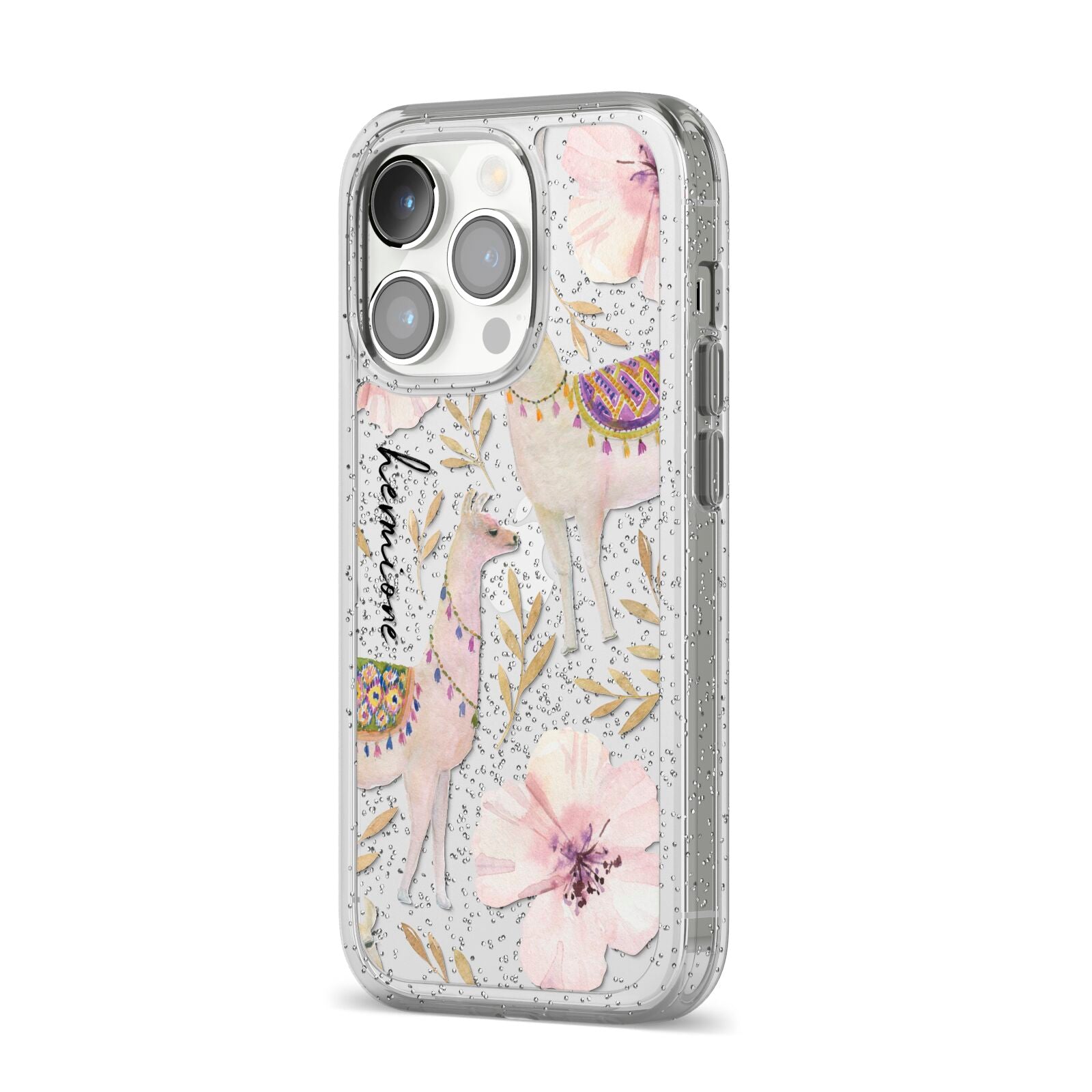 Personalised Llamas iPhone 14 Pro Glitter Tough Case Silver Angled Image