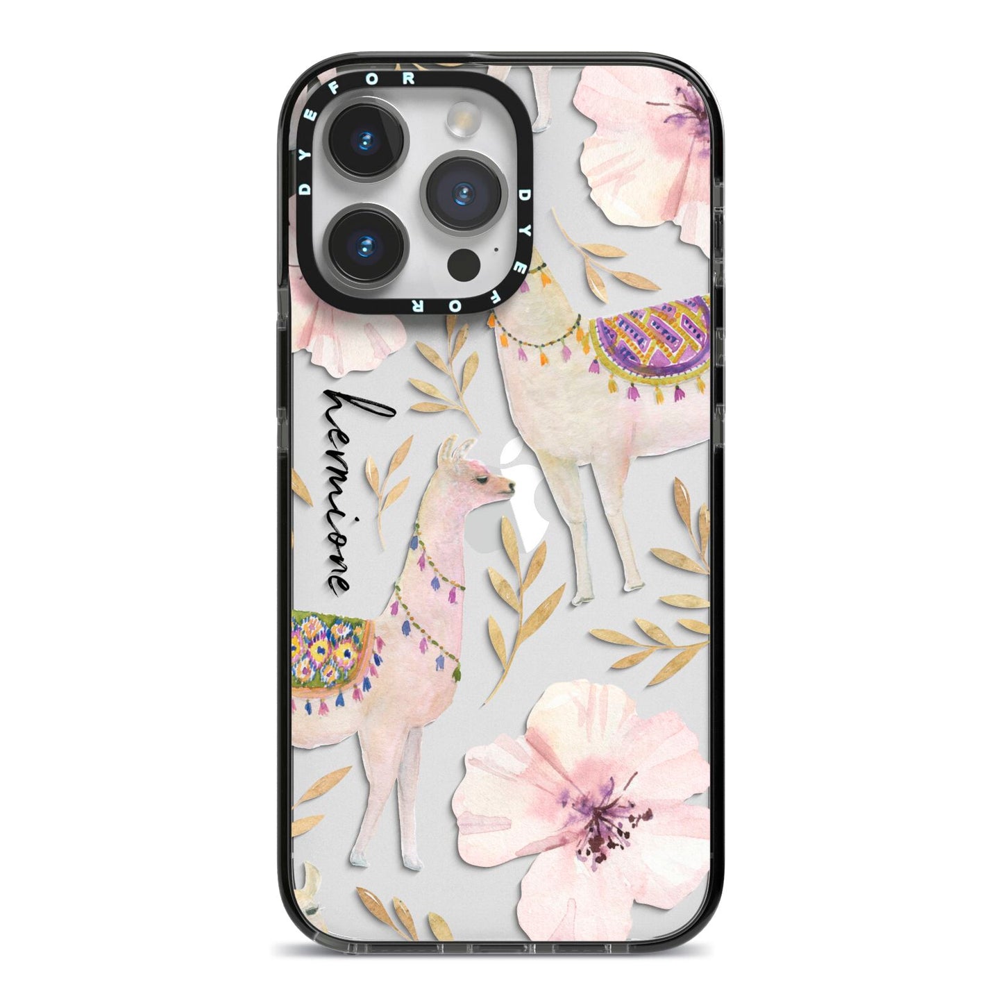 Personalised Llamas iPhone 14 Pro Max Black Impact Case on Silver phone