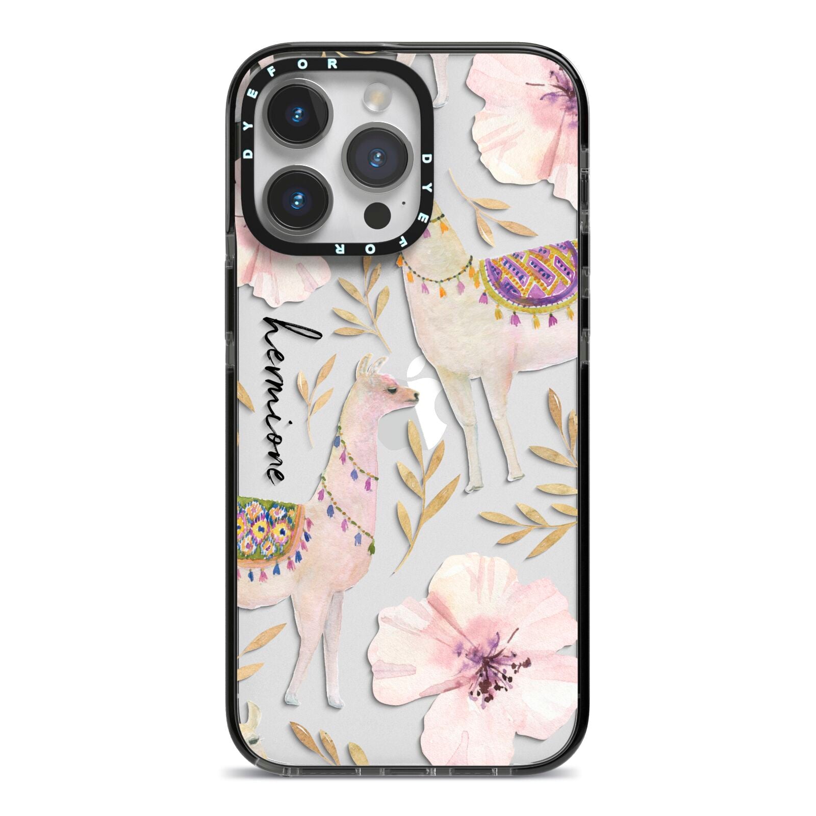 Personalised Llamas iPhone 14 Pro Max Black Impact Case on Silver phone