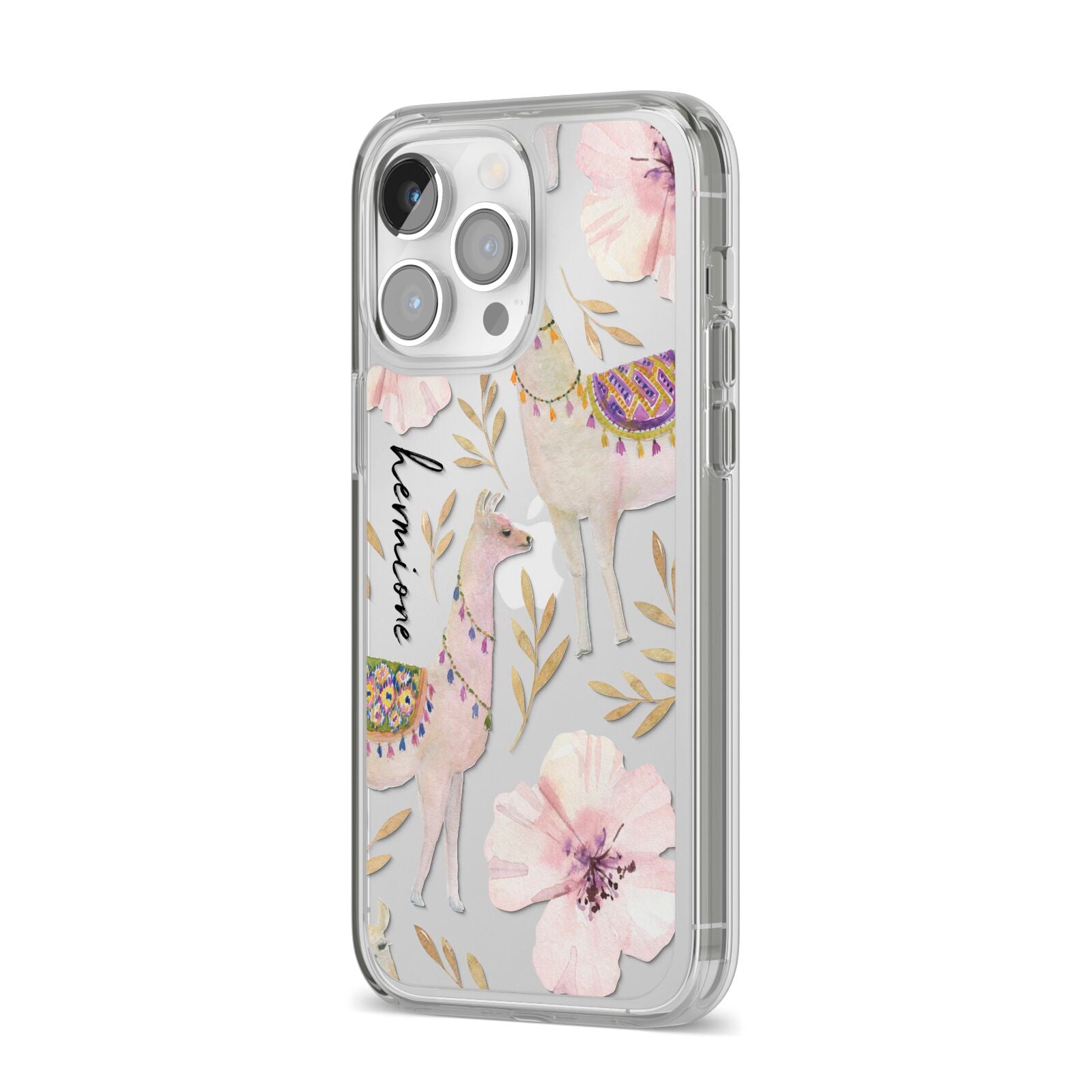 Personalised Llamas iPhone 14 Pro Max Clear Tough Case Silver Angled Image