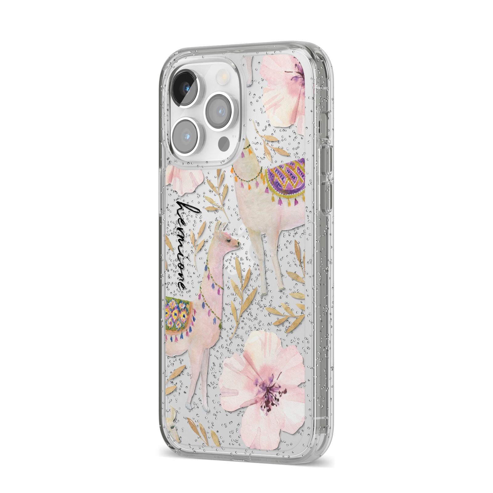 Personalised Llamas iPhone 14 Pro Max Glitter Tough Case Silver Angled Image