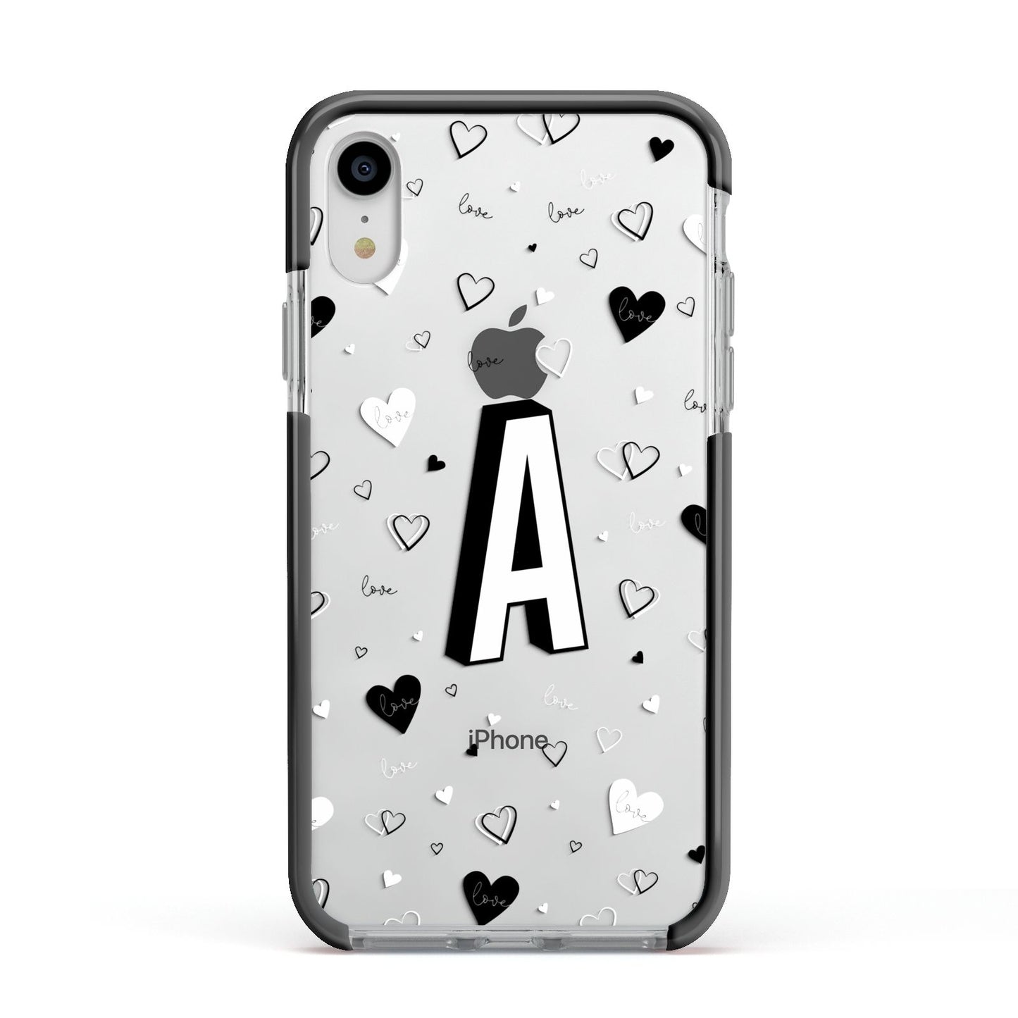 Personalised Love Alphabet Apple iPhone XR Impact Case Black Edge on Silver Phone