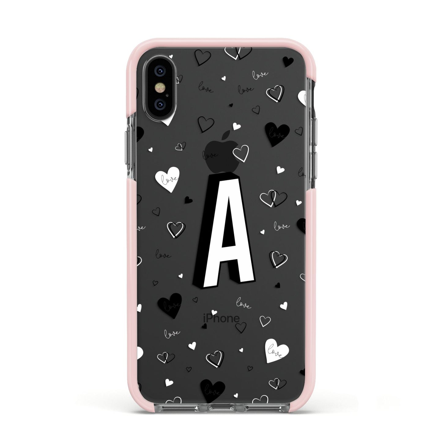 Personalised Love Alphabet Apple iPhone Xs Impact Case Pink Edge on Black Phone