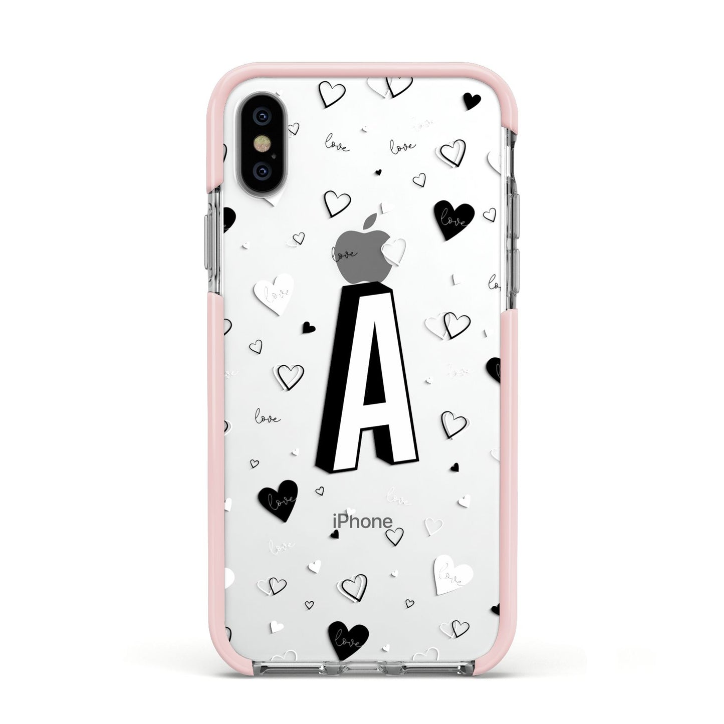 Personalised Love Alphabet Apple iPhone Xs Impact Case Pink Edge on Silver Phone