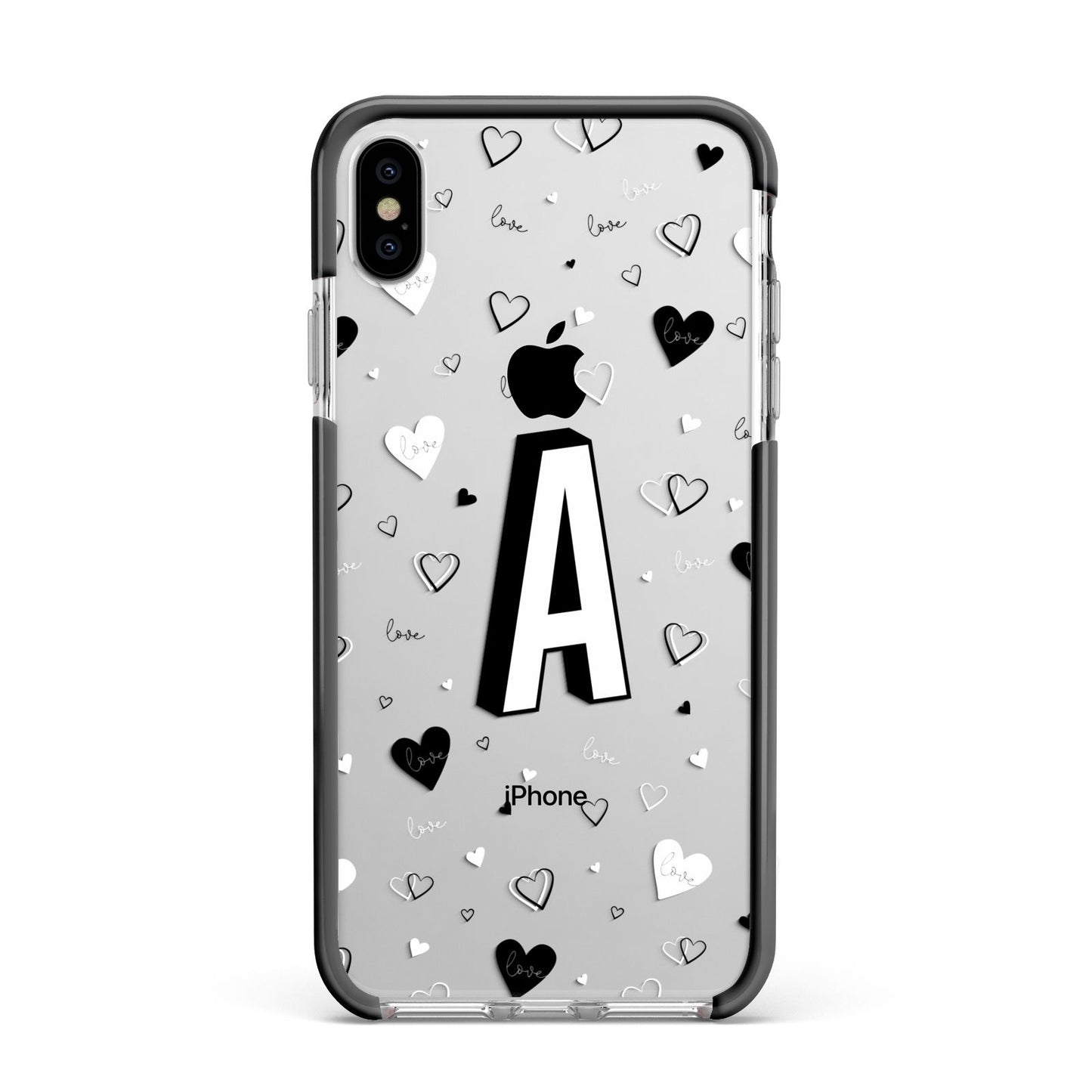 Personalised Love Alphabet Apple iPhone Xs Max Impact Case Black Edge on Silver Phone