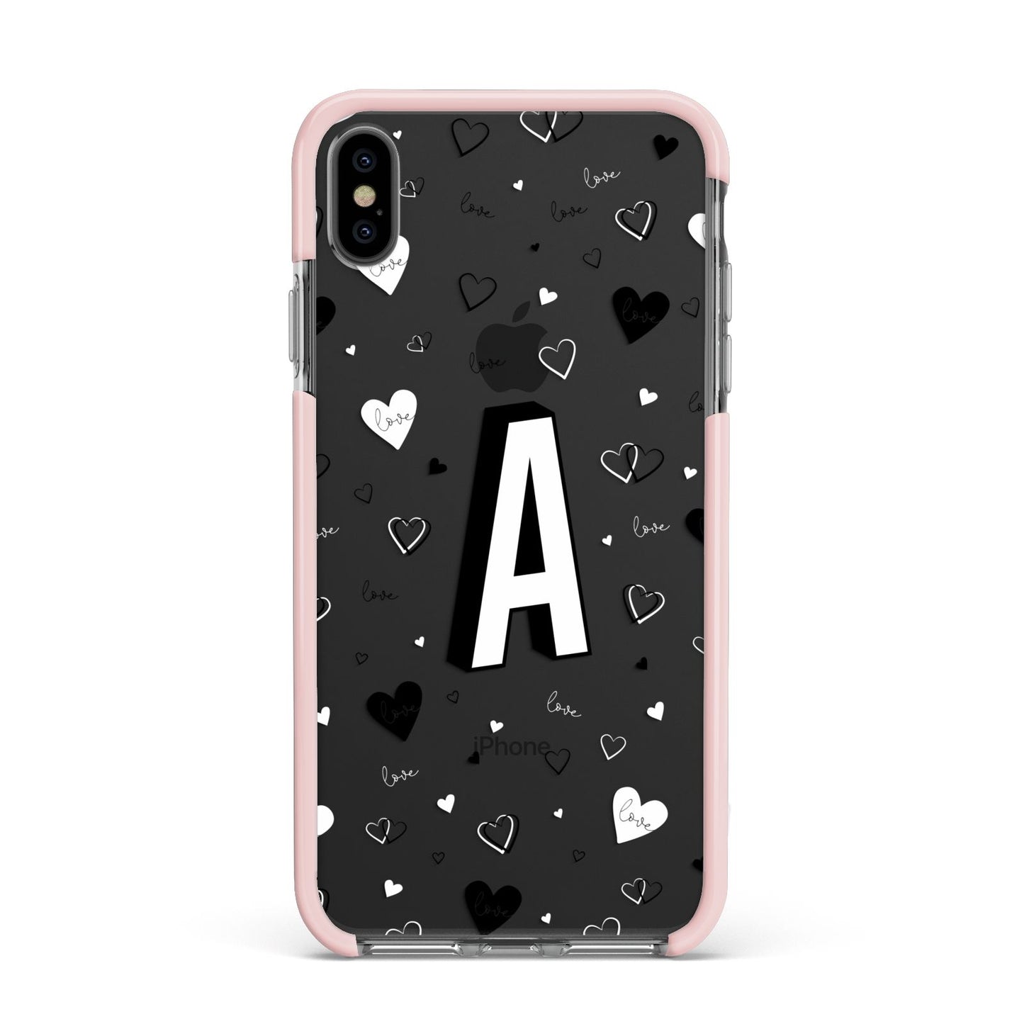 Personalised Love Alphabet Apple iPhone Xs Max Impact Case Pink Edge on Black Phone