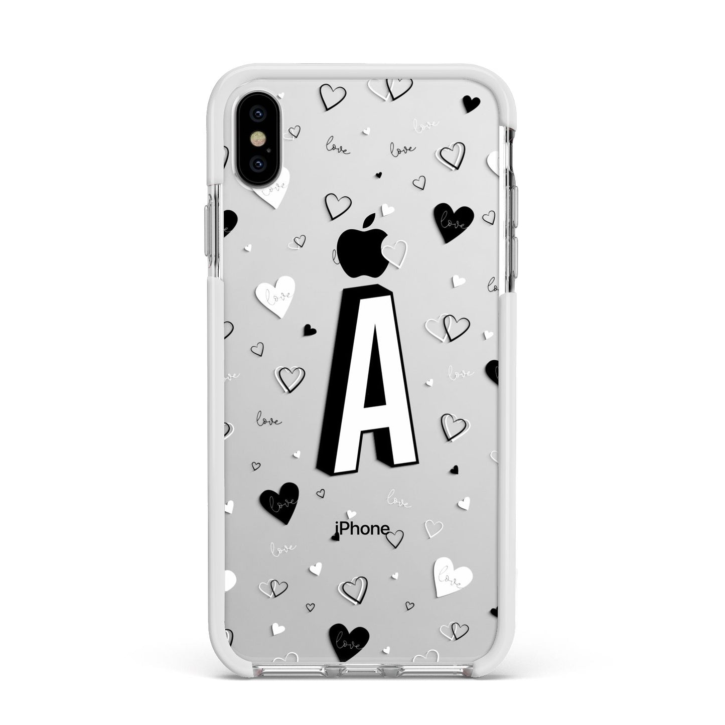 Personalised Love Alphabet Apple iPhone Xs Max Impact Case White Edge on Silver Phone