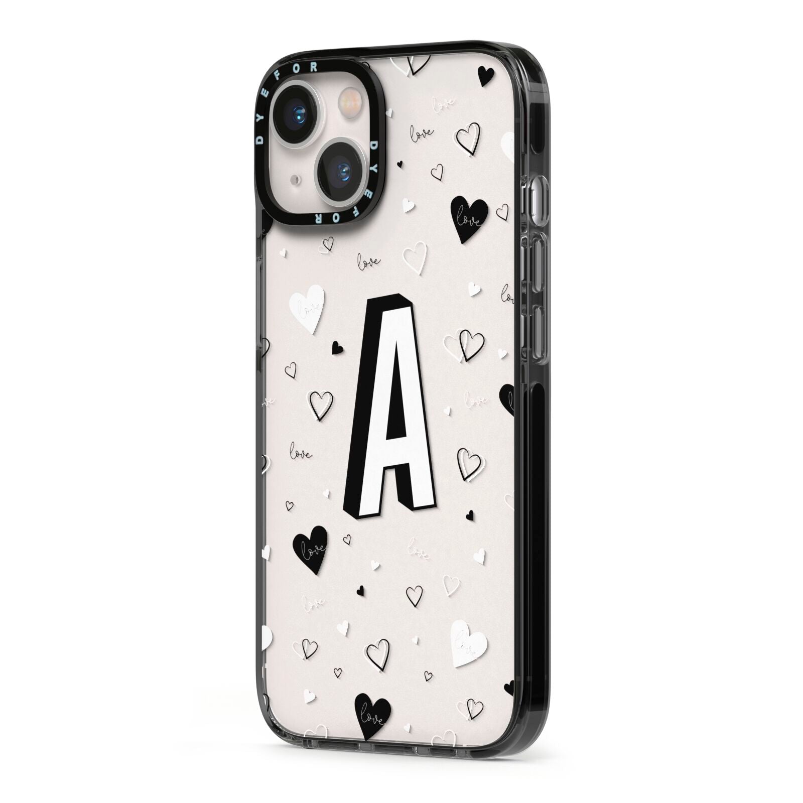 Personalised Love Alphabet iPhone 13 Black Impact Case Side Angle on Silver phone