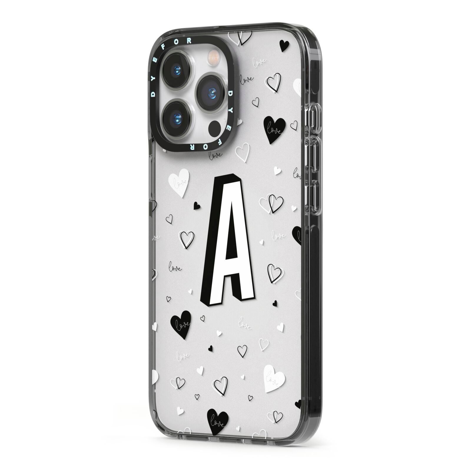 Personalised Love Alphabet iPhone 13 Pro Black Impact Case Side Angle on Silver phone