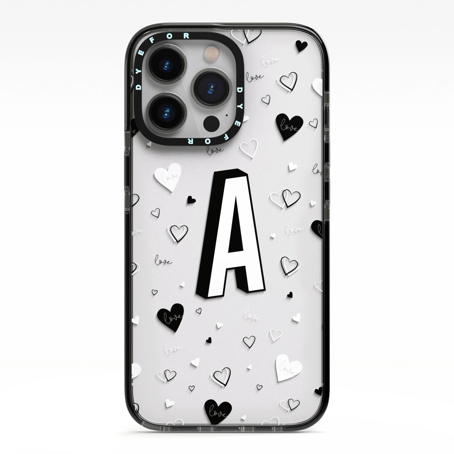 Personalised Love Alphabet iPhone 13 Pro Black Impact Case on Silver phone