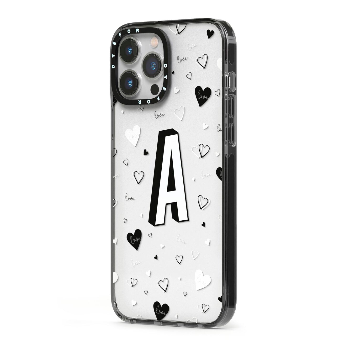 Personalised Love Alphabet iPhone 13 Pro Max Black Impact Case Side Angle on Silver phone