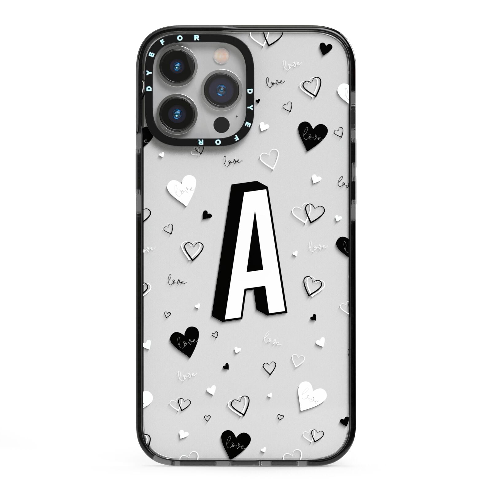 Personalised Love Alphabet iPhone 13 Pro Max Black Impact Case on Silver phone