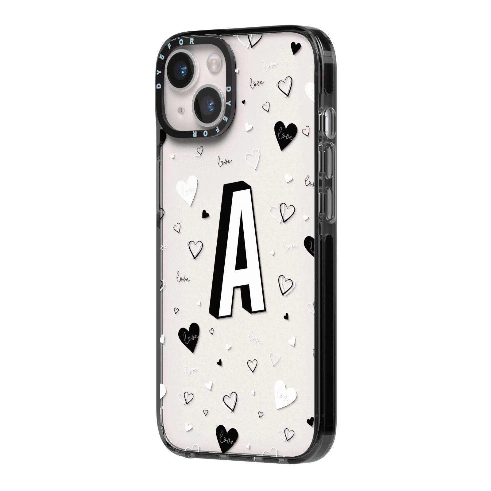 Personalised Love Alphabet iPhone 14 Black Impact Case Side Angle on Silver phone
