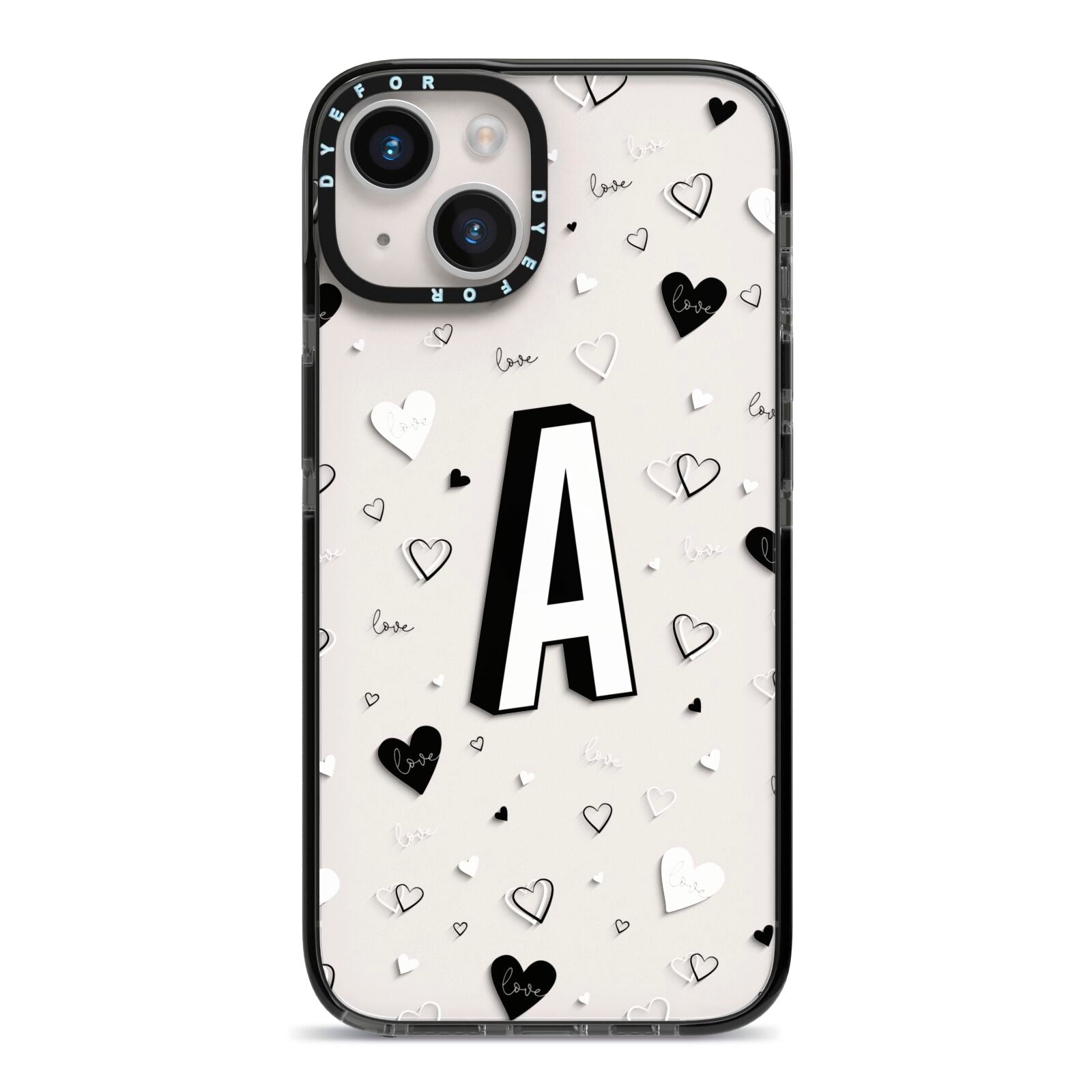 Personalised Love Alphabet iPhone 14 Black Impact Case on Silver phone