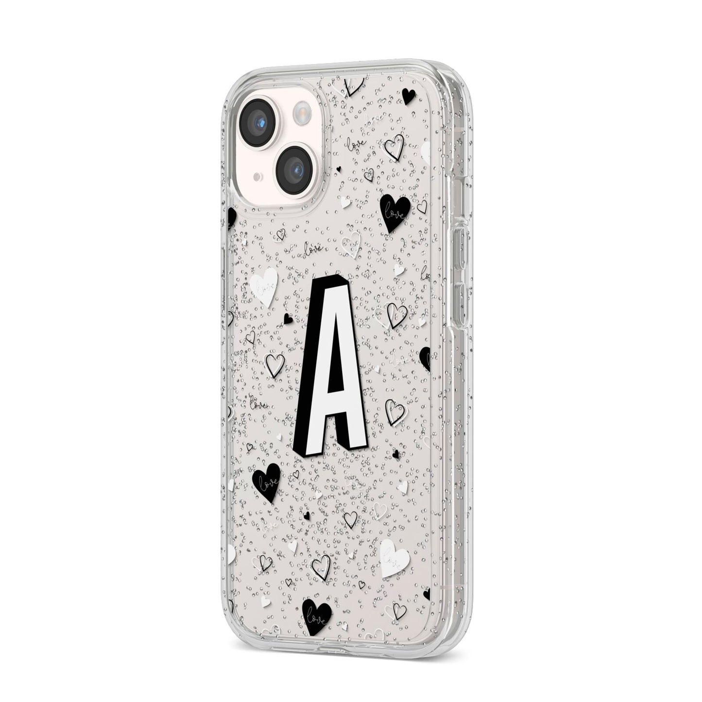 Personalised Love Alphabet iPhone 14 Glitter Tough Case Starlight Angled Image