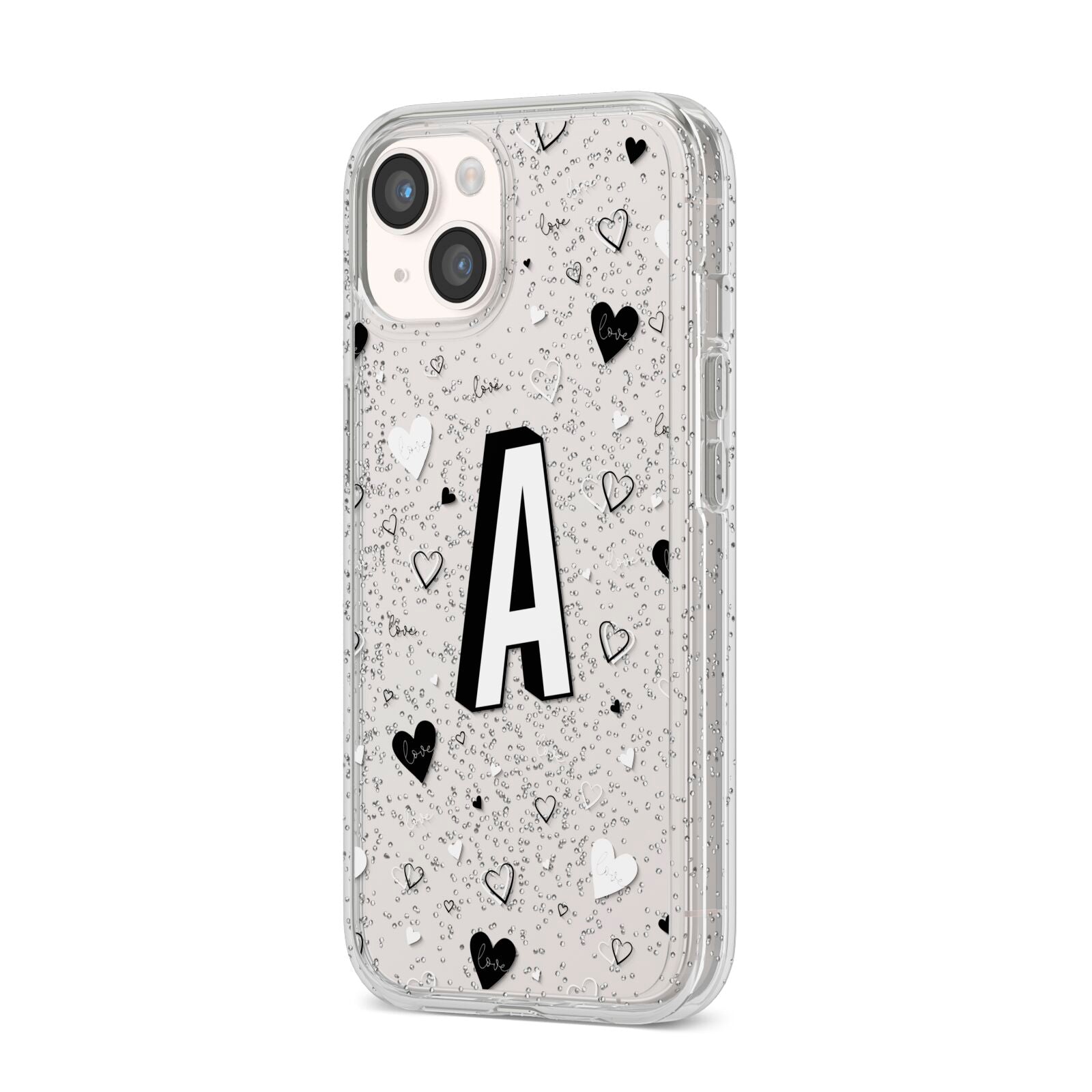 Personalised Love Alphabet iPhone 14 Glitter Tough Case Starlight Angled Image