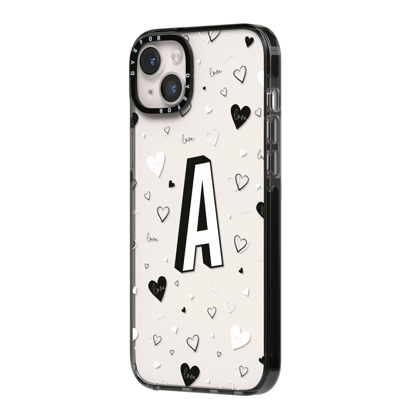 Personalised Love Alphabet iPhone 14 Plus Black Impact Case Side Angle on Silver phone