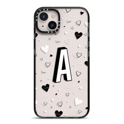 Personalised Love Alphabet iPhone 14 Plus Black Impact Case on Silver phone