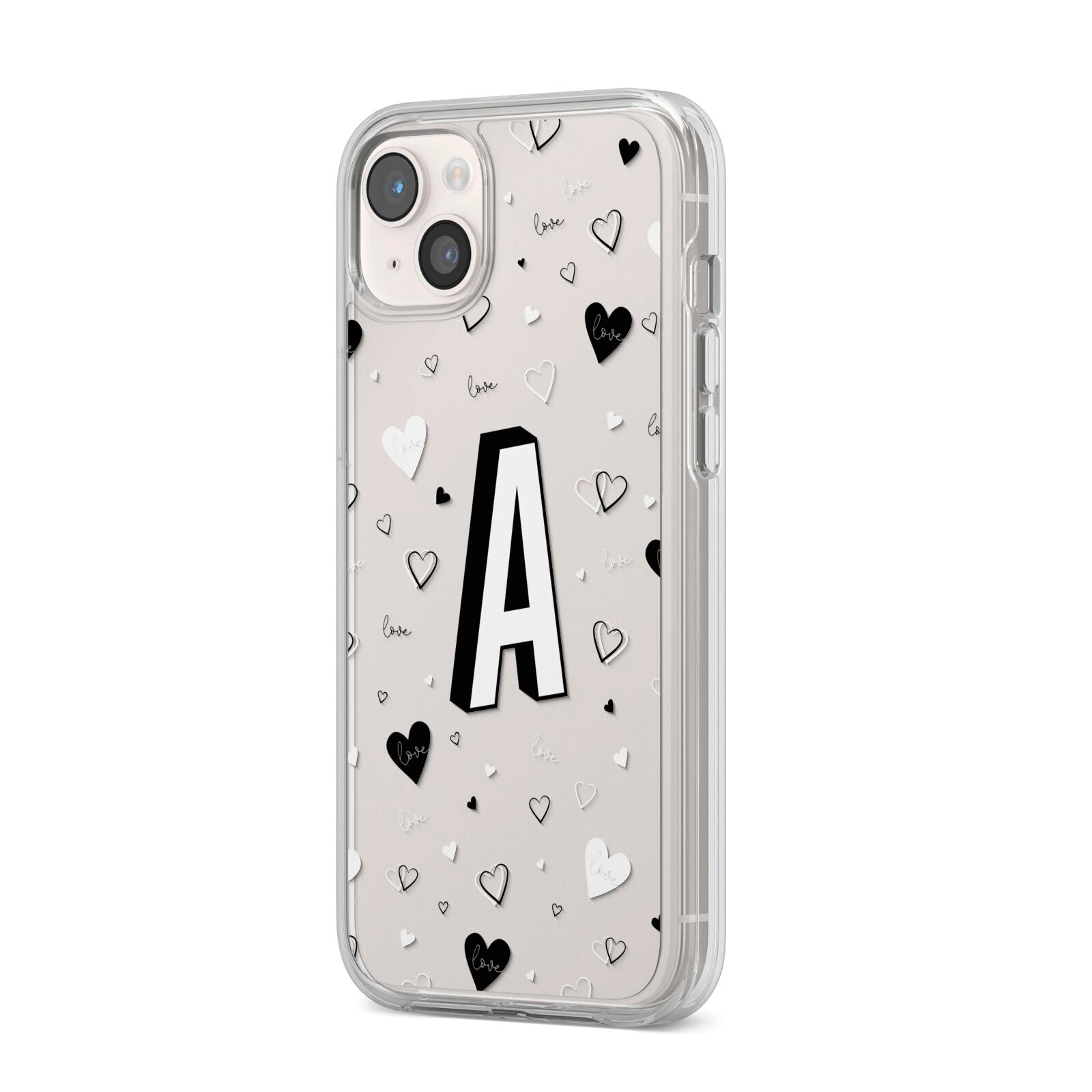 Personalised Love Alphabet iPhone 14 Plus Clear Tough Case Starlight Angled Image