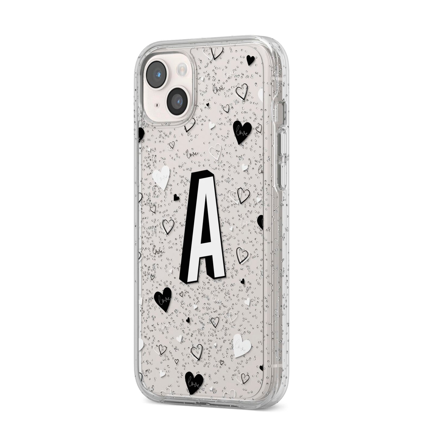 Personalised Love Alphabet iPhone 14 Plus Glitter Tough Case Starlight Angled Image