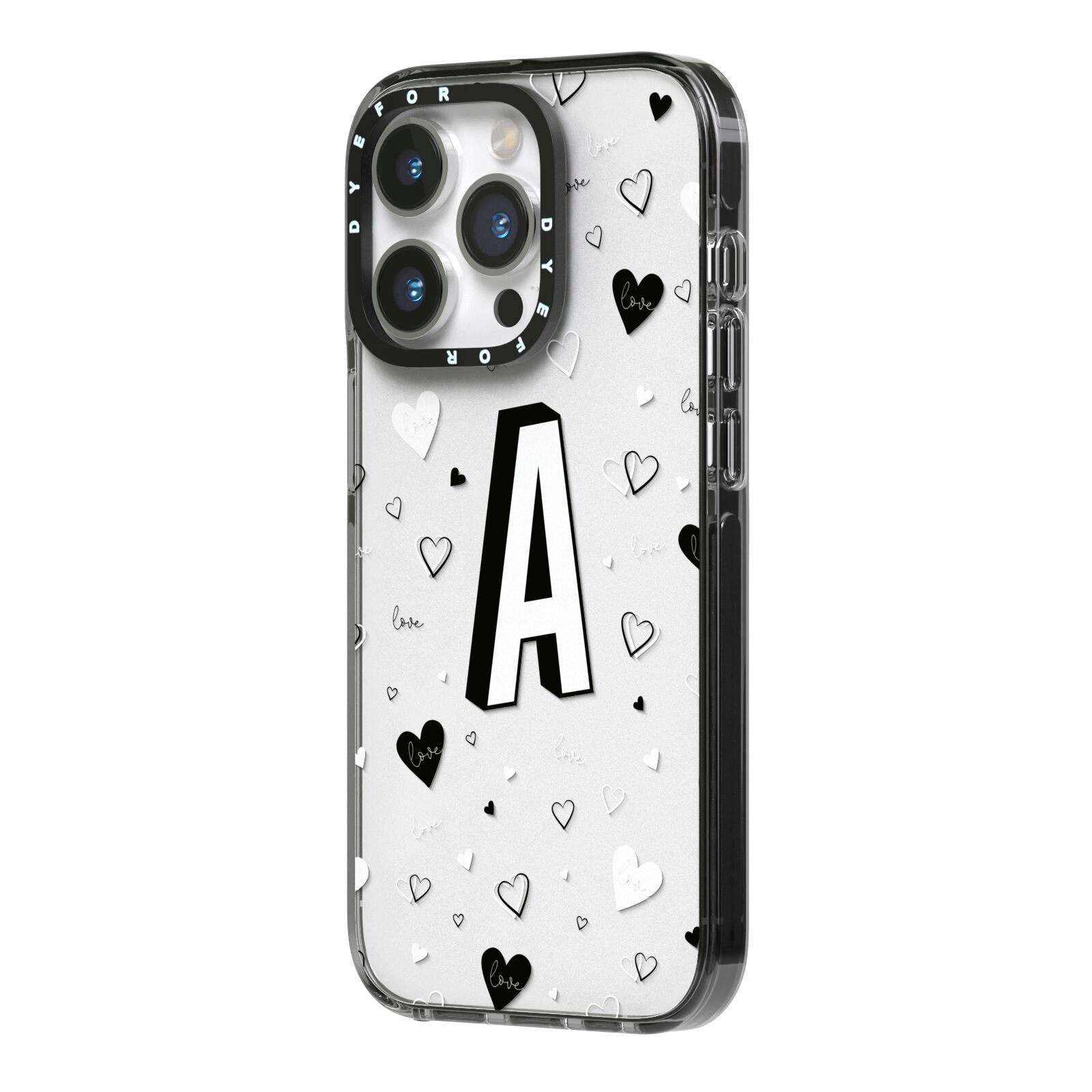 Personalised Love Alphabet iPhone 14 Pro Black Impact Case Side Angle on Silver phone