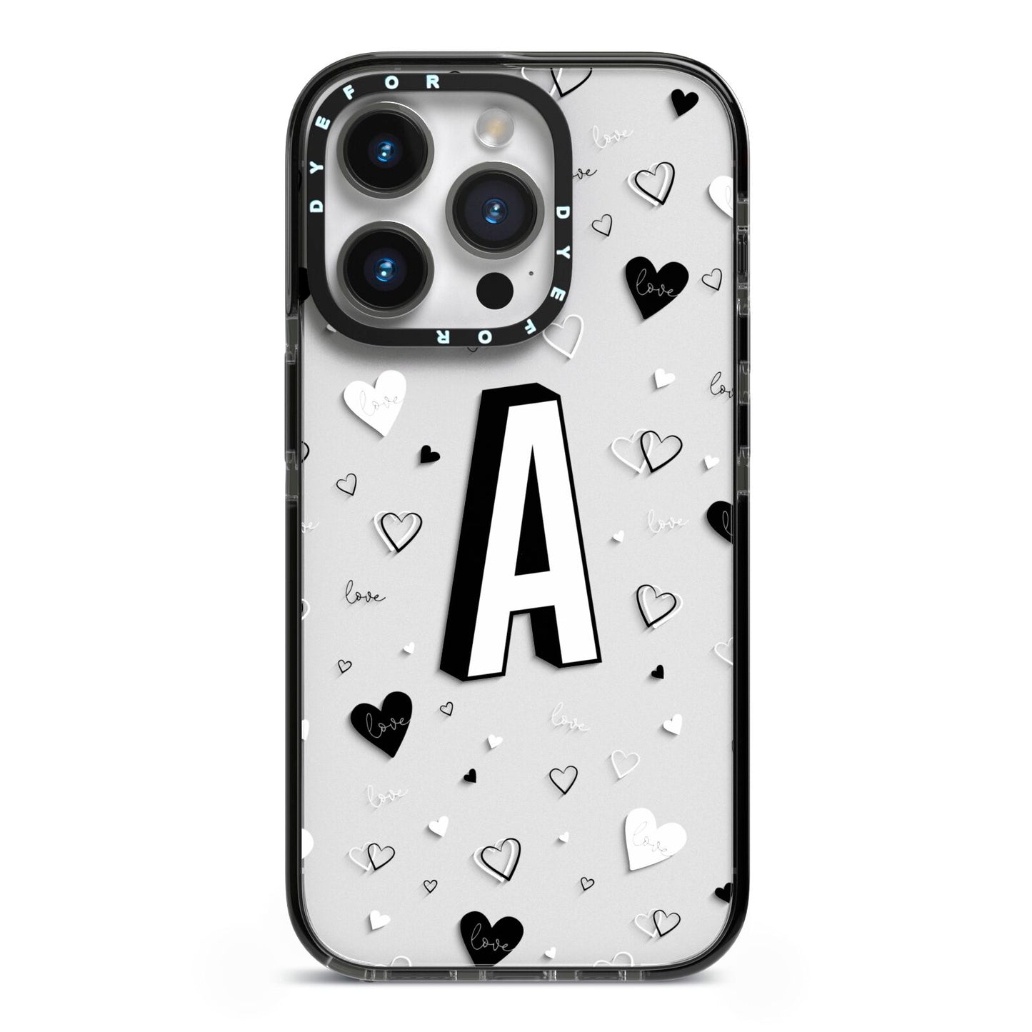 Personalised Love Alphabet iPhone 14 Pro Black Impact Case on Silver phone