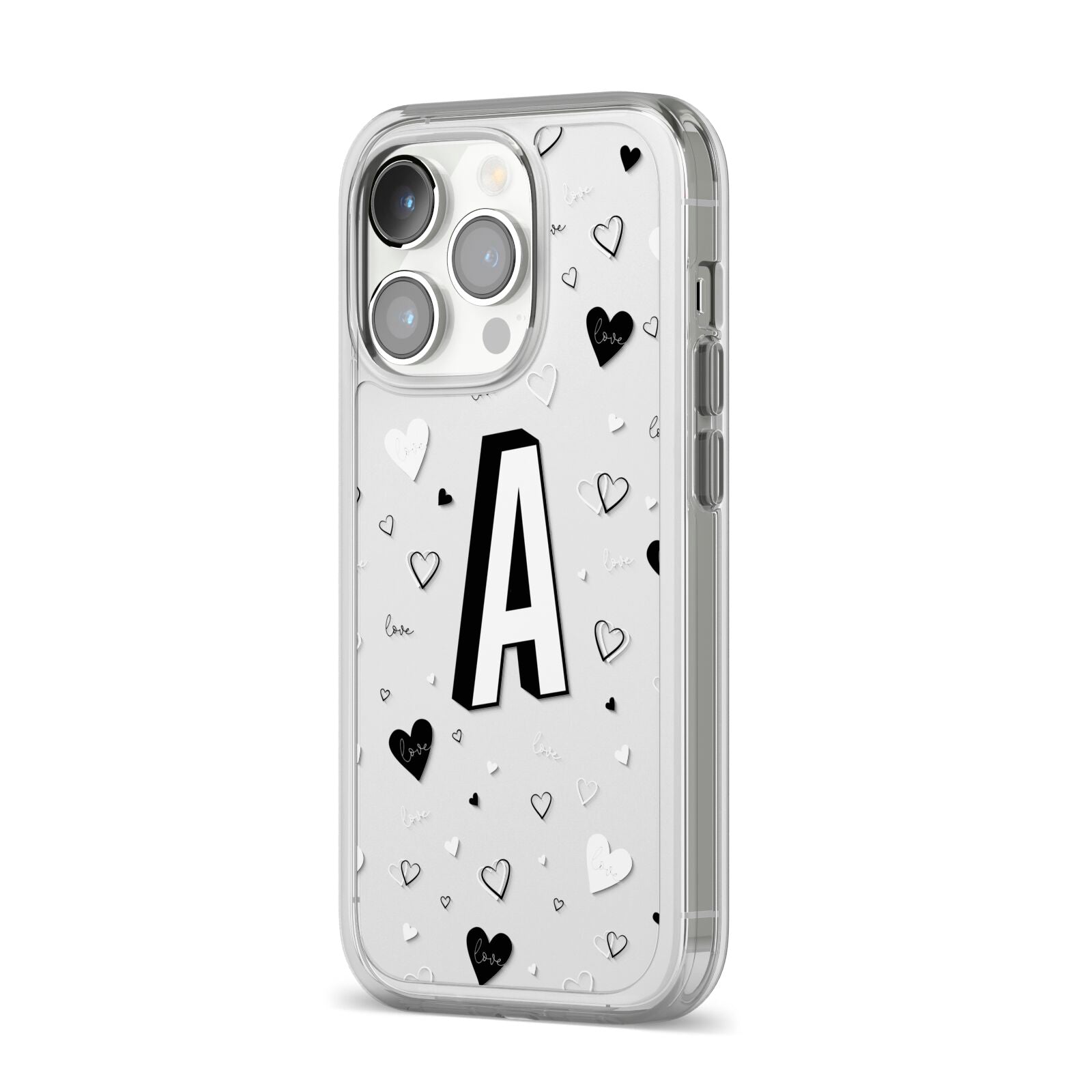 Personalised Love Alphabet iPhone 14 Pro Clear Tough Case Silver Angled Image