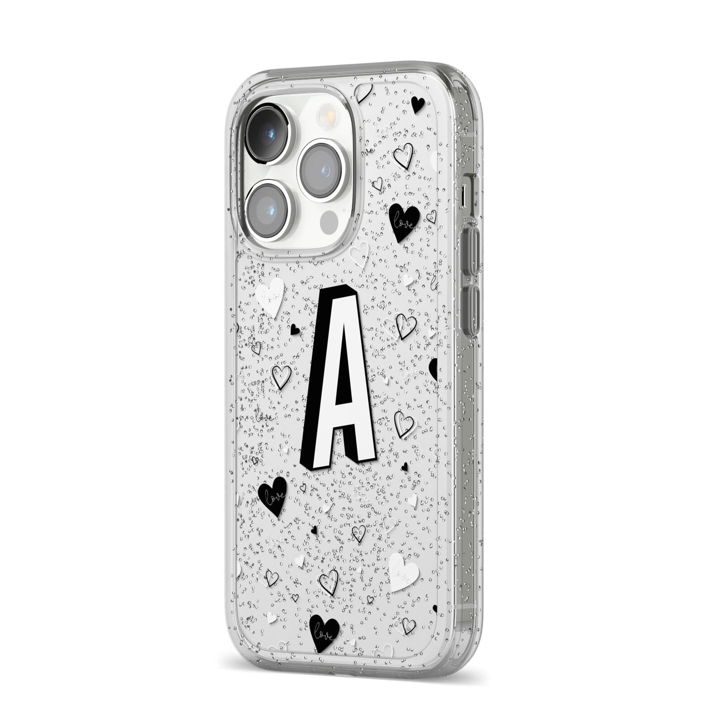 Personalised Love Alphabet iPhone 14 Pro Glitter Tough Case Silver Angled Image