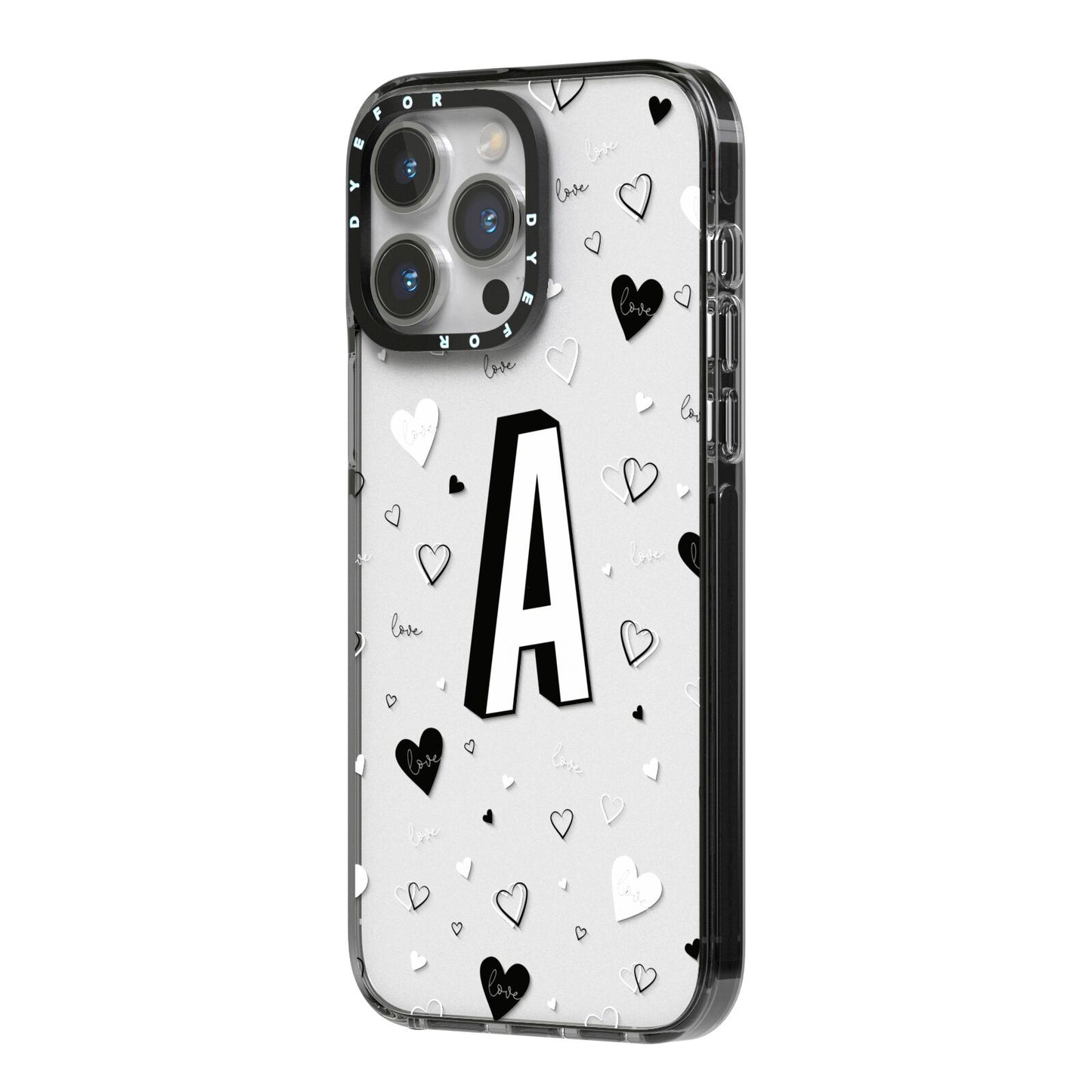 Personalised Love Alphabet iPhone 14 Pro Max Black Impact Case Side Angle on Silver phone