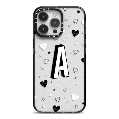 Personalised Love Alphabet iPhone 14 Pro Max Black Impact Case on Silver phone