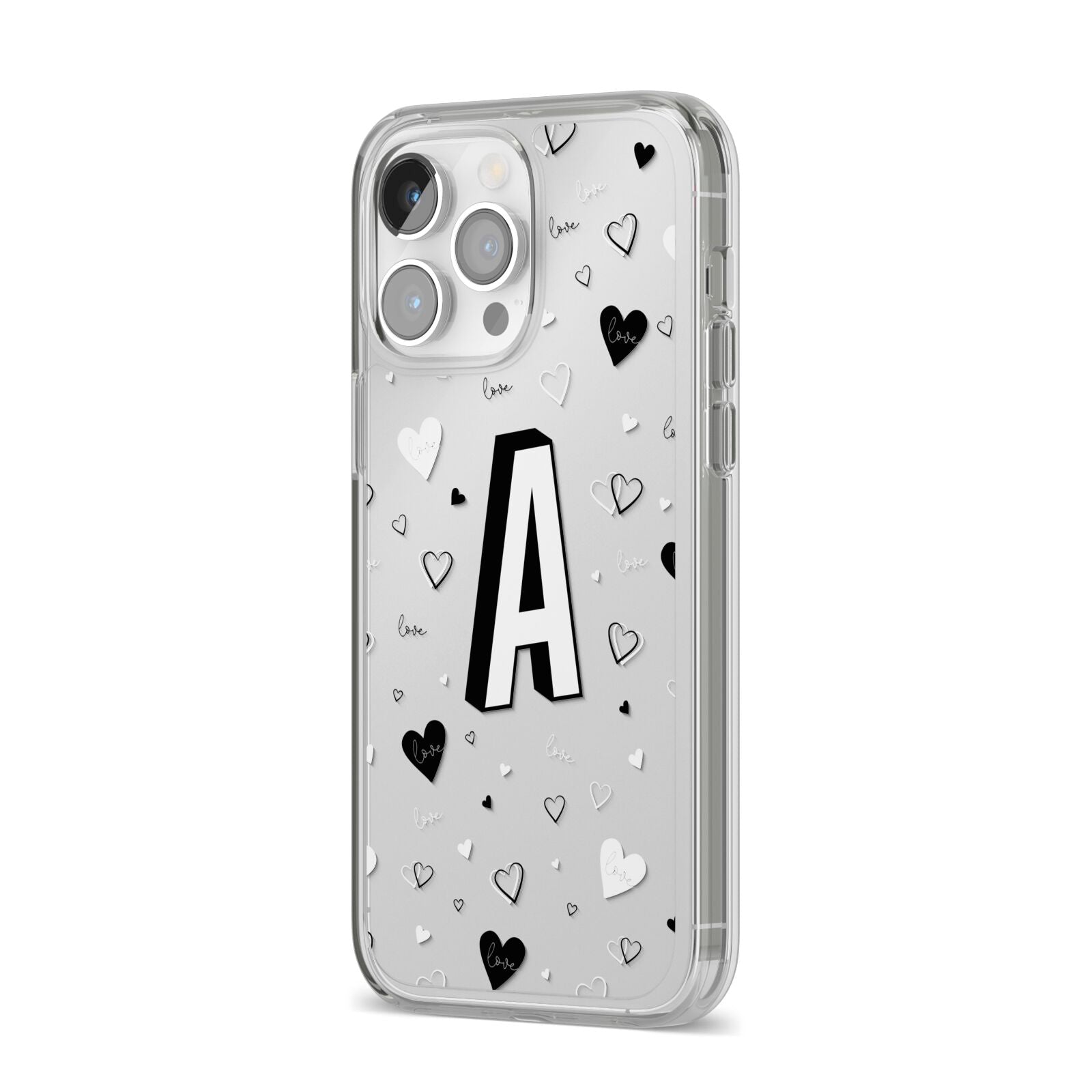 Personalised Love Alphabet iPhone 14 Pro Max Clear Tough Case Silver Angled Image