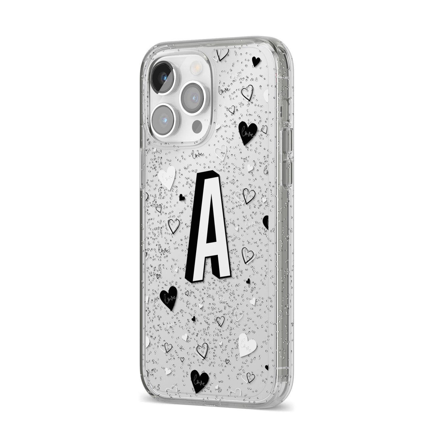 Personalised Love Alphabet iPhone 14 Pro Max Glitter Tough Case Silver Angled Image