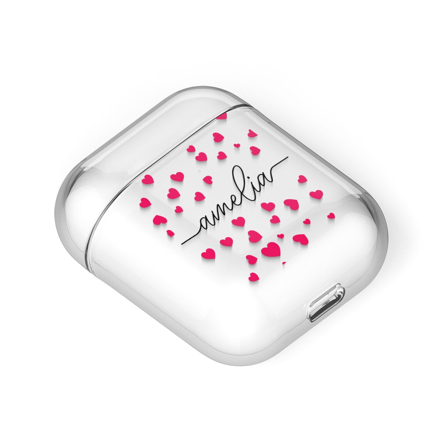 Personalised Love Hearts Clear Black Name AirPods Case Laid Flat