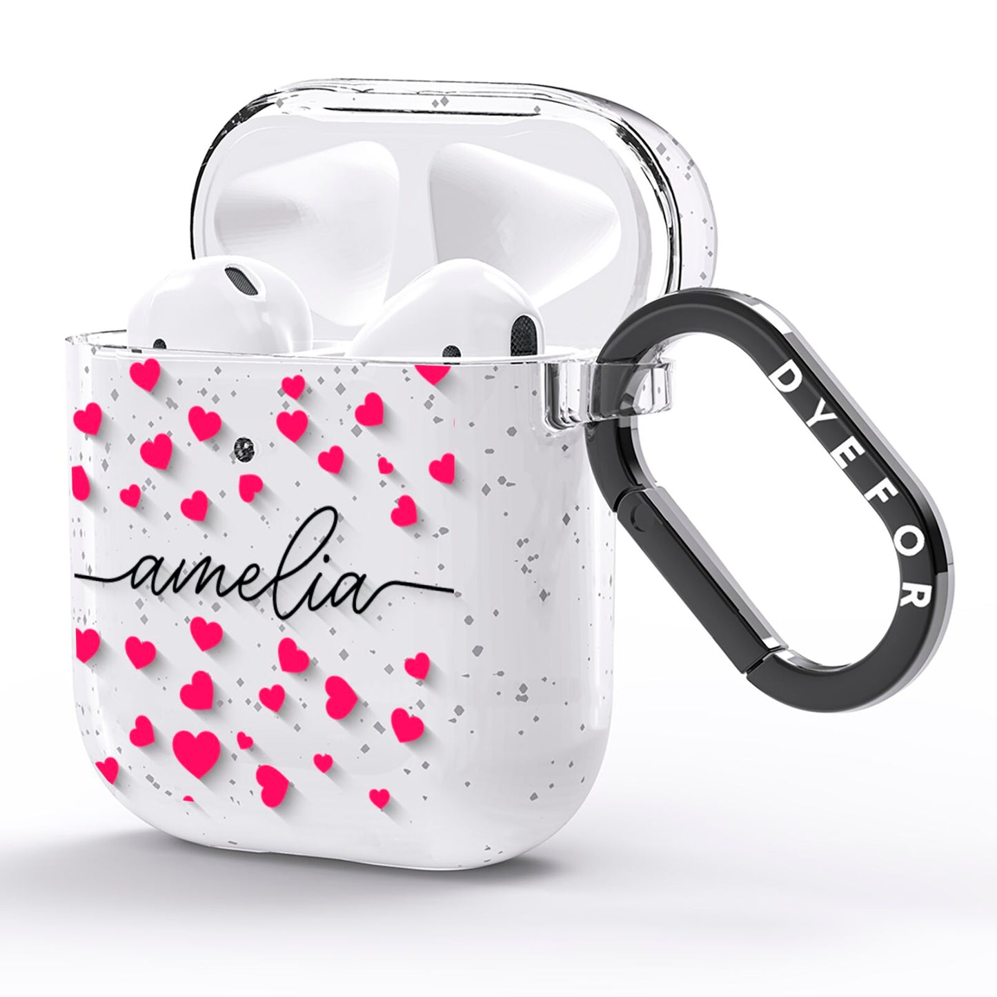 Personalised Love Hearts Clear Black Name AirPods Glitter Case Side Image