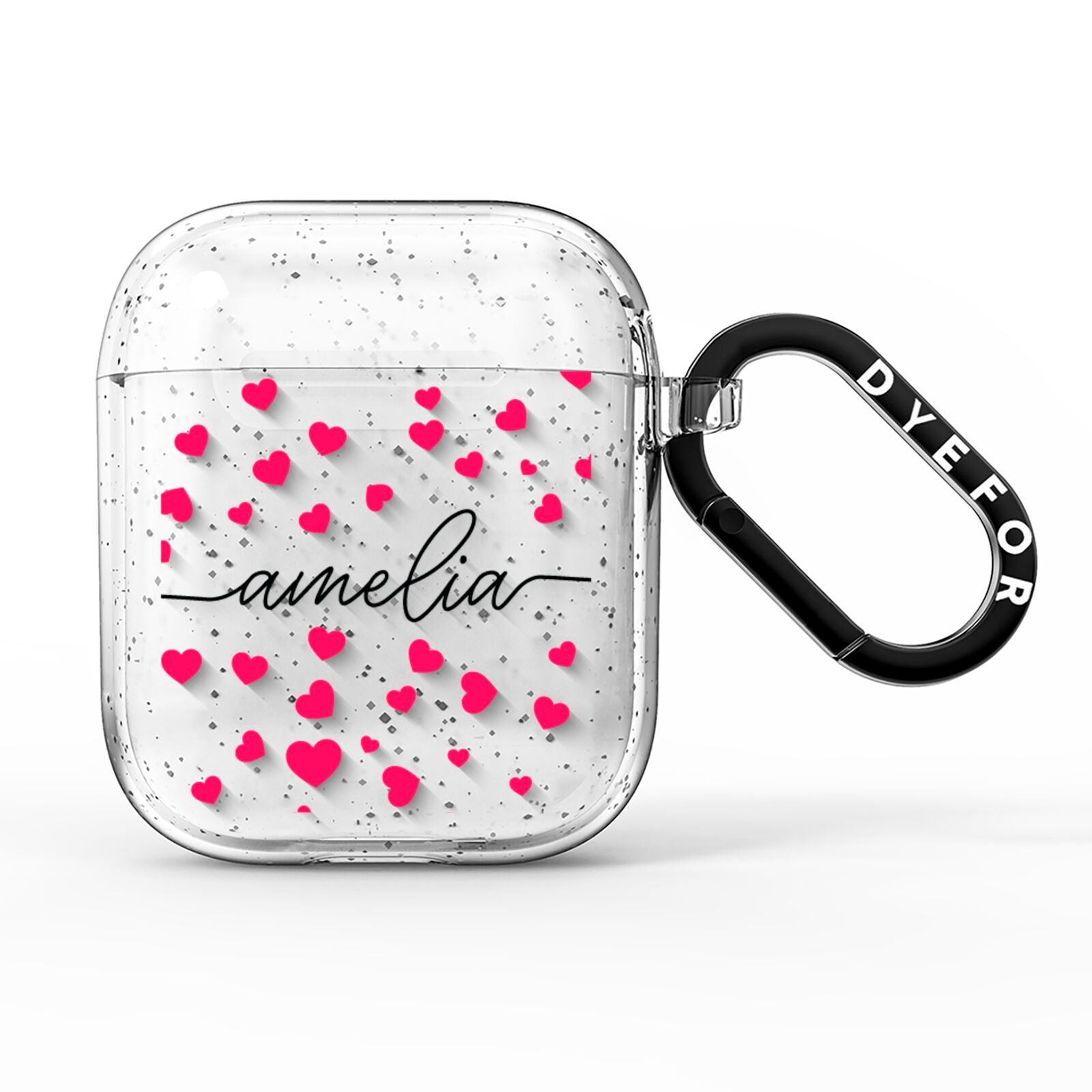 Personalised Love Hearts Clear Black Name AirPods Glitter Case