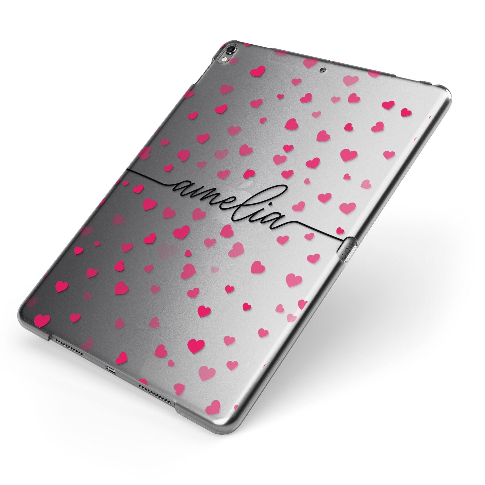 Personalised Love Hearts Clear Black Name Apple iPad Case on Grey iPad Side View