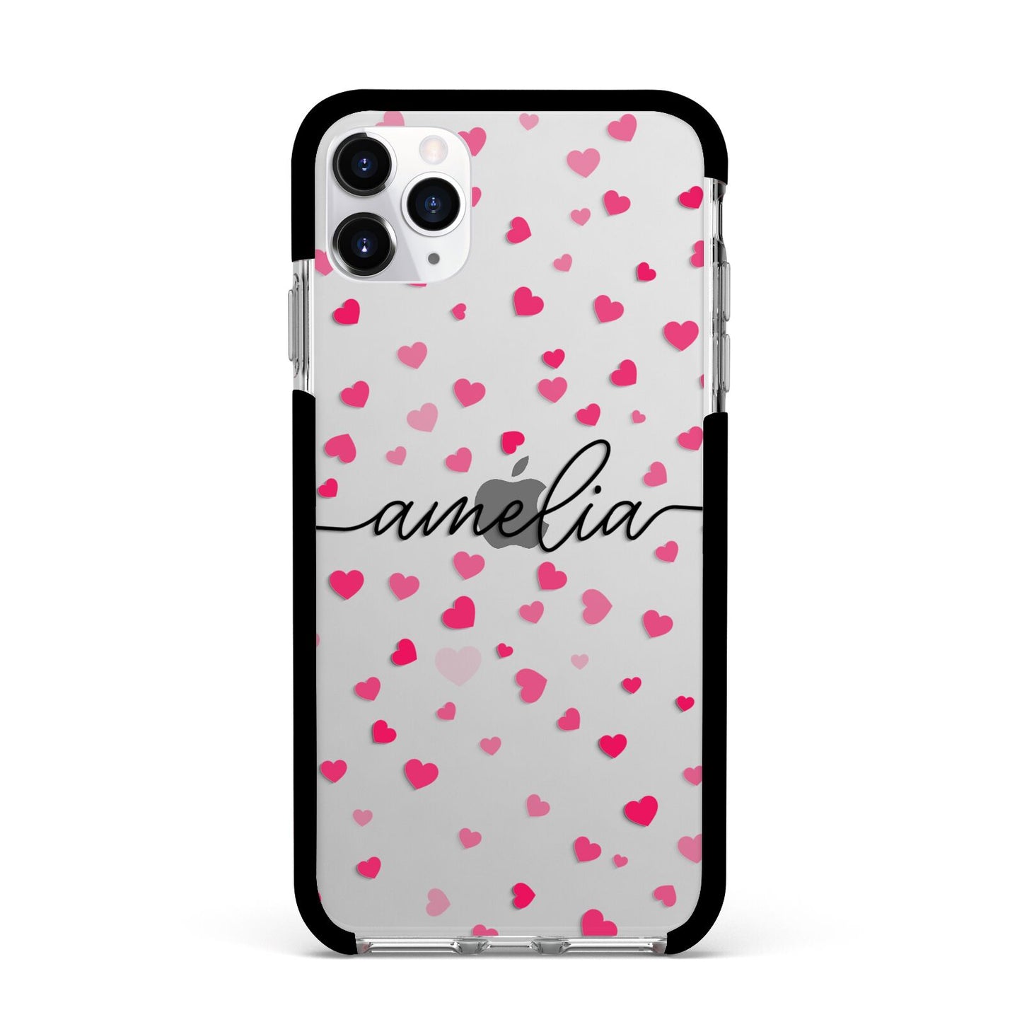 Personalised Love Hearts Clear Black Name Apple iPhone 11 Pro Max in Silver with Black Impact Case