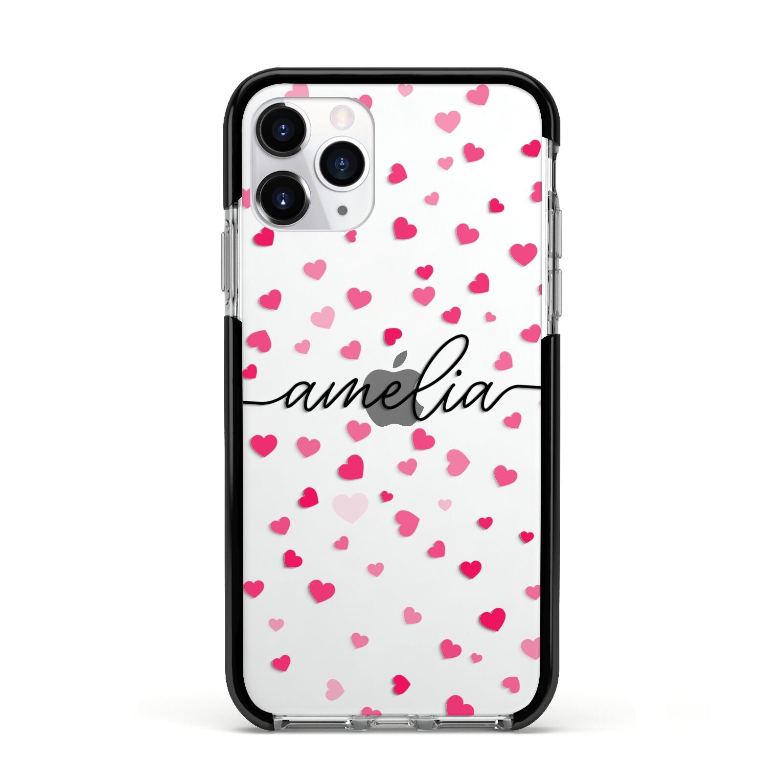 Personalised Love Hearts Clear Black Name Apple iPhone 11 Pro in Silver with Black Impact Case