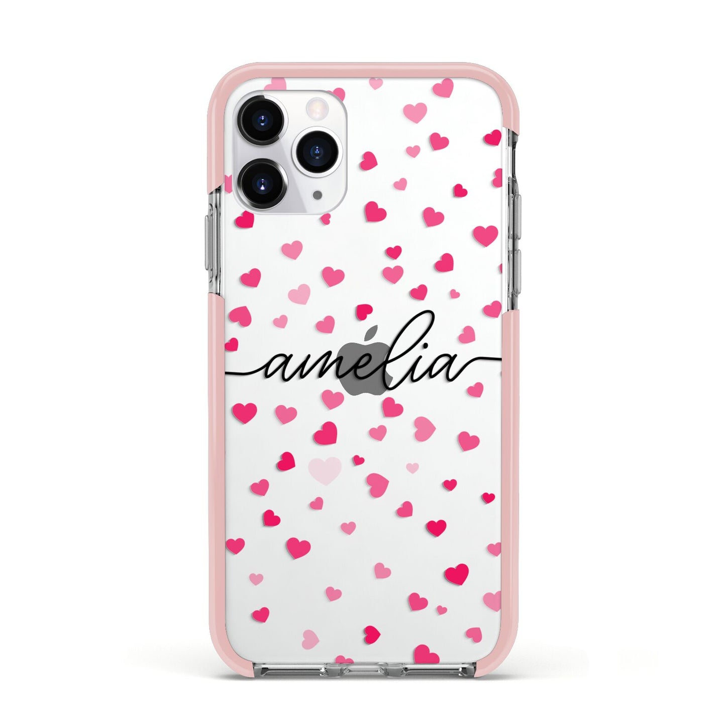 Personalised Love Hearts Clear Black Name Apple iPhone 11 Pro in Silver with Pink Impact Case