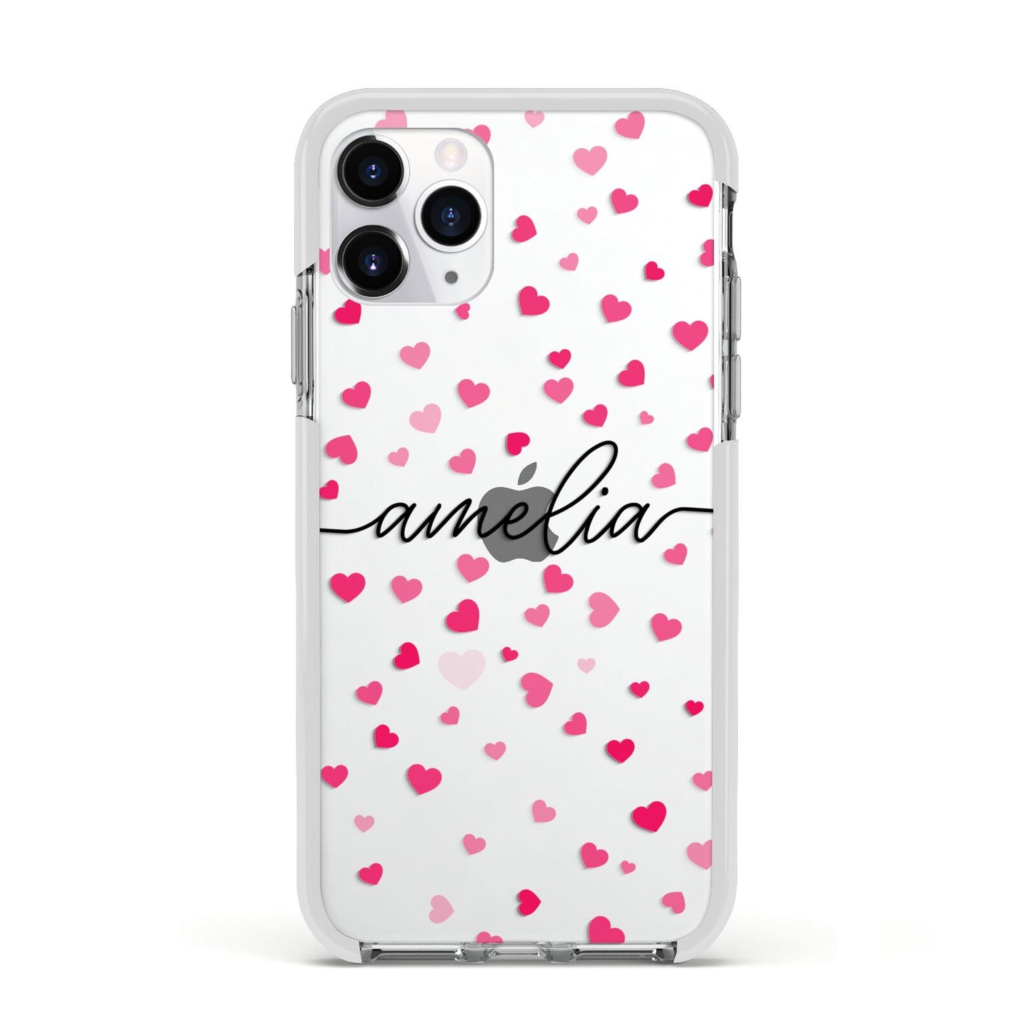 Personalised Love Hearts Clear Black Name Apple iPhone 11 Pro in Silver with White Impact Case