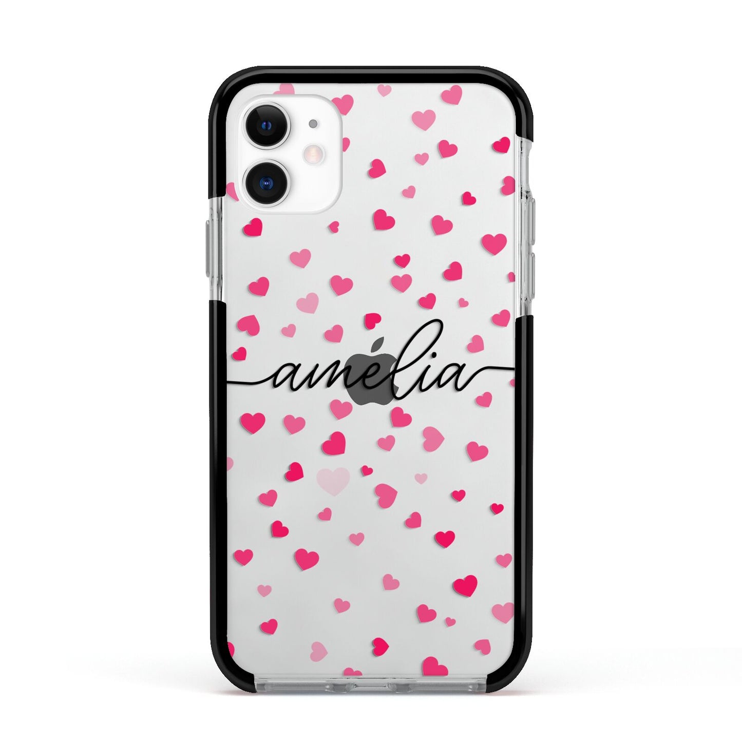 Personalised Love Hearts Clear Black Name Apple iPhone 11 in White with Black Impact Case