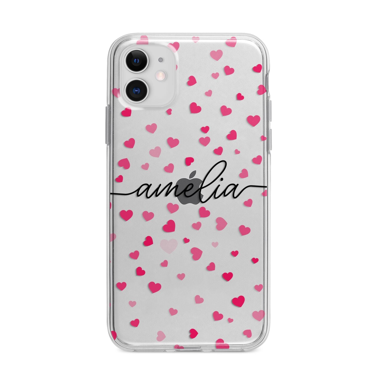 Personalised Love Hearts Clear Black Name Apple iPhone 11 in White with Bumper Case