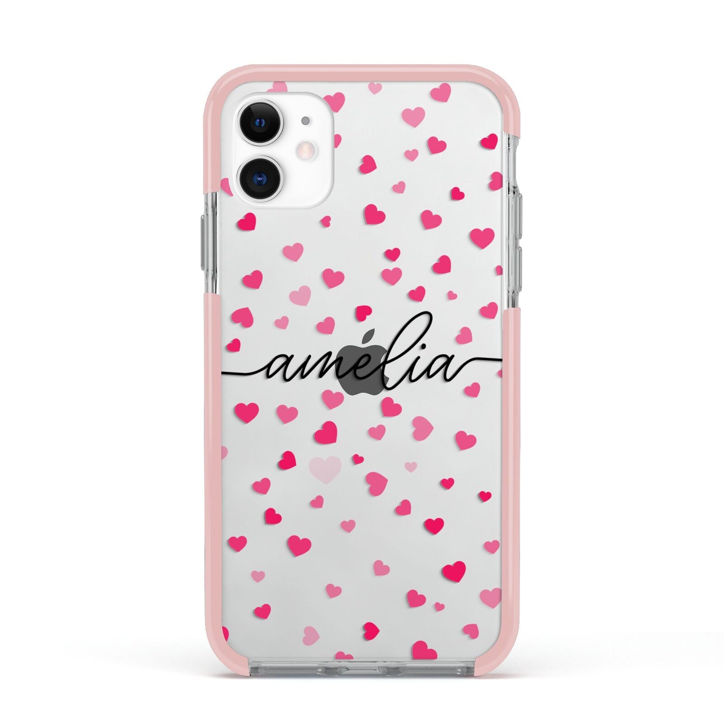 Personalised Love Hearts Clear Black Name Apple iPhone 11 in White with Pink Impact Case