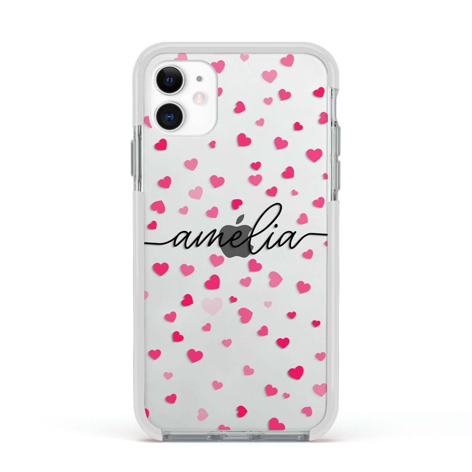 Personalised Love Hearts Clear Black Name Apple iPhone 11 in White with White Impact Case