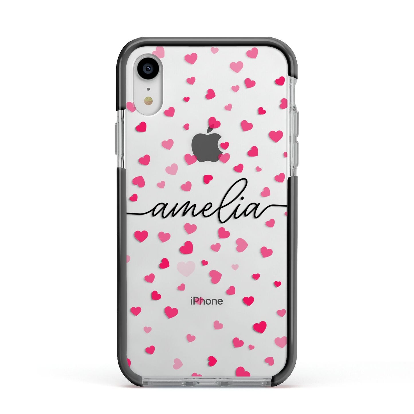 Personalised Love Hearts Clear Black Name Apple iPhone XR Impact Case Black Edge on Silver Phone