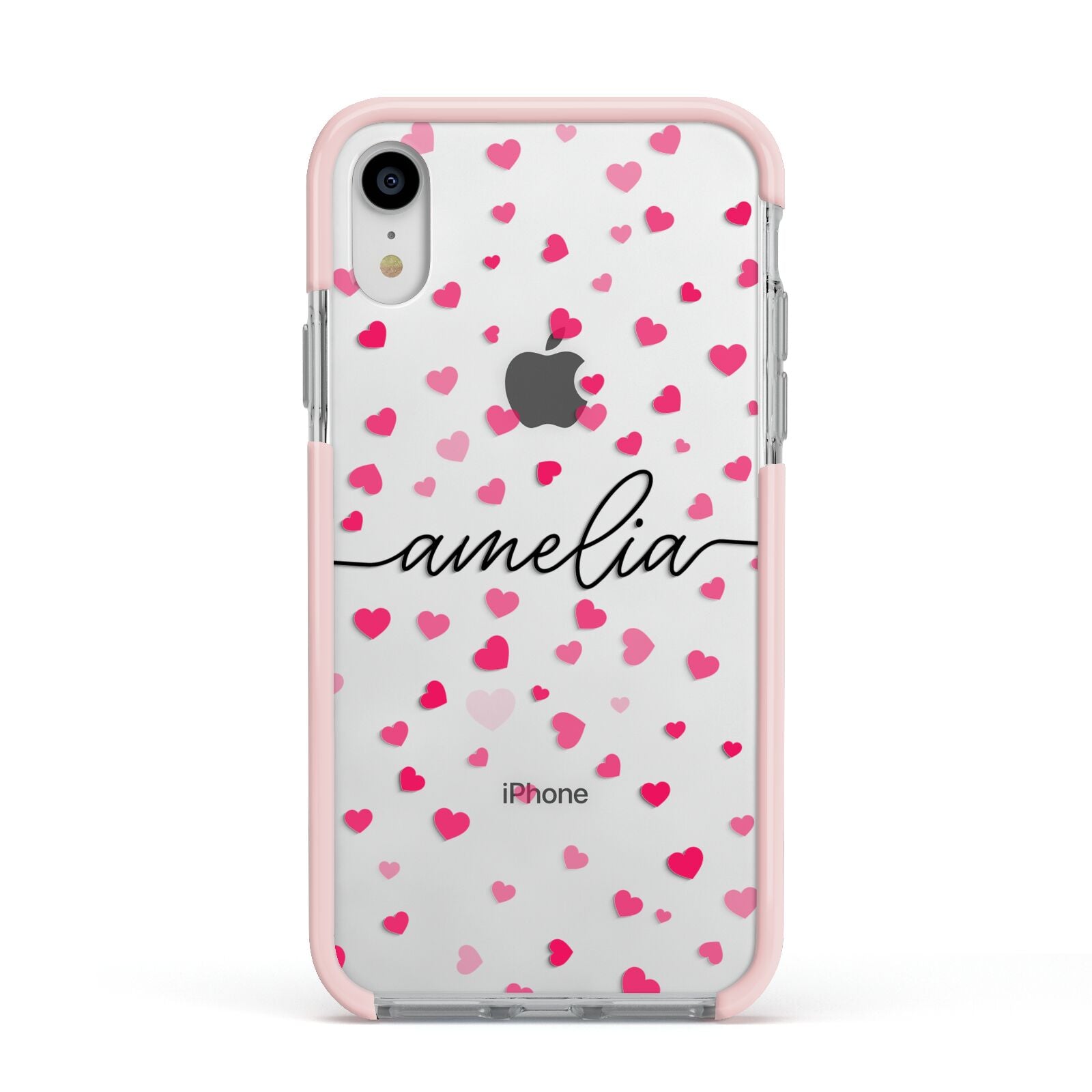 Personalised Love Hearts Clear Black Name Apple iPhone XR Impact Case Pink Edge on Silver Phone
